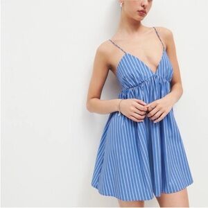 Reformation Amara Dress Tribune Stripe Blue White Midi Cutout Relaxed Sz L NEW